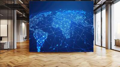 A low-poly map of the world. A grid of lines and points. Blue background. Wall mural