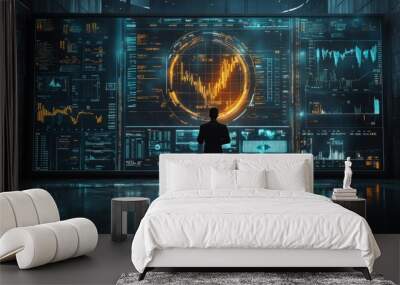 Businessman analyzing stock charts on a large digital screen, financial strategy, 3D illustration Wall mural