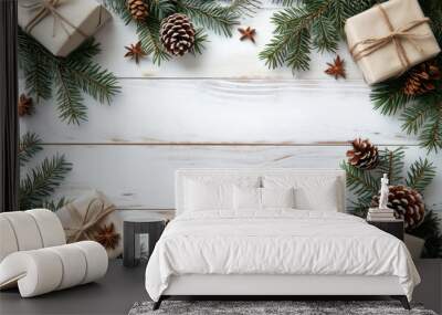 Christmas composition. Christmas fir tree branches, gifts, pine cones on wooden white rustic background. Flat lay, top view. Copy space. Banner backdrop Wall mural