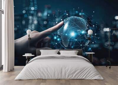 hand touching global network and data exchanges over the world 3d rendering, network city background Wall mural