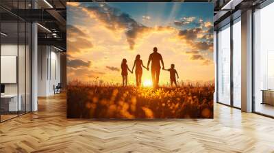 happy family, mother, father, children son and daughter on nature on sunset Wall mural