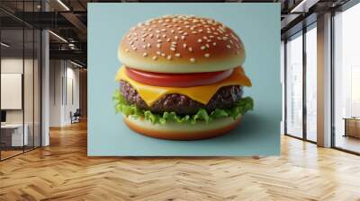 Isometric burger with lettuce, cheese, and tomato layers, detailed fast food icon, 3D icon set Wall mural