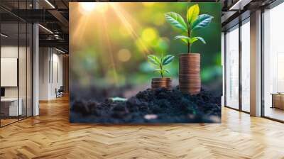 Saving money concept, Tree growing on coins stack with sun ray Wall mural