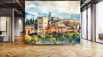 Watercolor Alhambra palace in Granada, Spain, Europe Wall mural