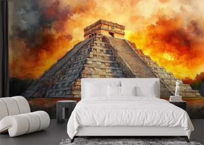 Watercolor The pyramid of Kukulcan in the Mexican city of Chichen Itza at amazing sunset - Yucatan, Mexico Wall mural