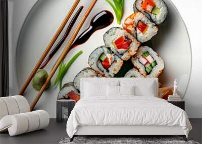 Traditional Japanese sushi roll set with chopsticks on a plate on transparent background. National food and Asian cuisine concept. Top view for set, icon, menu, elements for design Wall mural