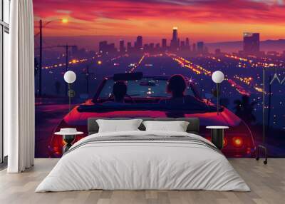 A couple is driving in a convertible car at night Wall mural