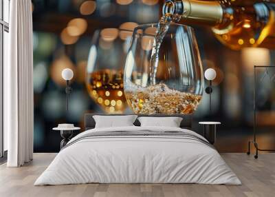 A glass of white wine is poured into a wine glass Wall mural