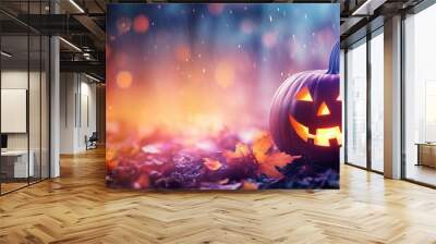 A pumpkin with a smiley face on it is sitting on the ground Wall mural