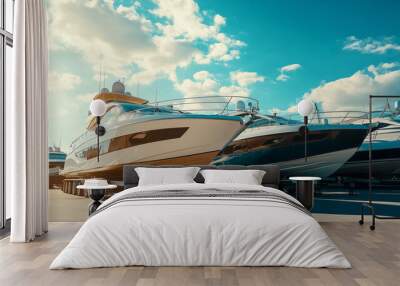 A row of boats are parked in a marina, with one of them being a large yacht Wall mural