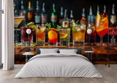 A row of glasses with various drinks on a wooden bar counter Wall mural