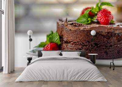 Gluten free tasty round cake based on Belgian chocolate decorated with fresh raspberries and mint Wall mural