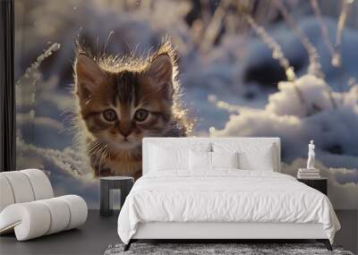 A cute kitten amongst a landscape of snow and ice Wall mural