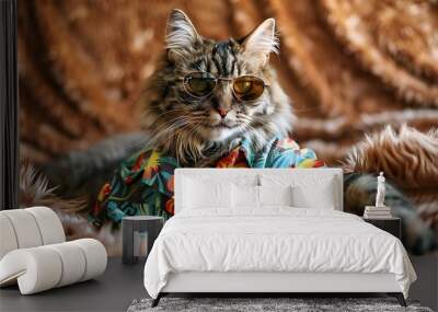 A domestic medium hair cat in clothes laying on a fur wool carpet and wearing sunglasses and a summer tropical flower shirt Wall mural