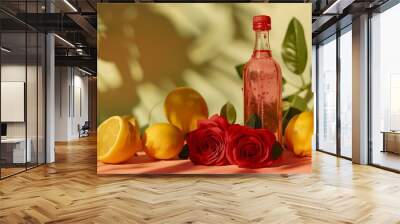 A model of a cherry rose water bottle next to a bit of lemons Wall mural