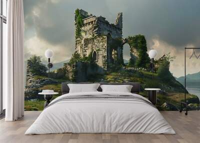 A ruined castle ruin sitting hill Wall mural