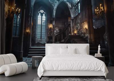 An old historic castle with a spooky interior design that is partially lit by candles Wall mural