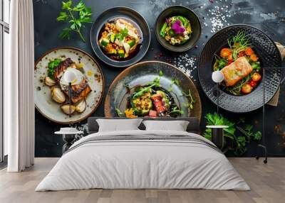 Assorted dishes on a background of darkness Wall mural