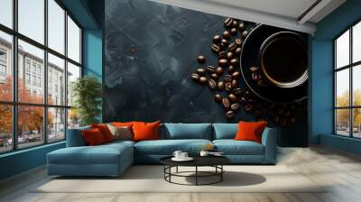 Dark backdrop with black coffee and beans of coffee Wall mural