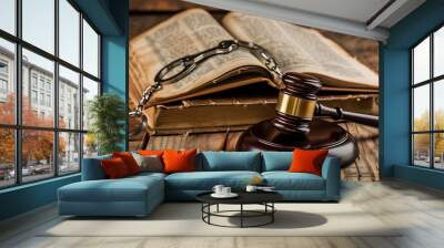 Gavel and handcuffs on the law book over the wooden table background Wall mural