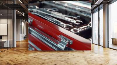 Mechanic workshop closeup of open professional toolbox with chrome wrench instruments Wall mural