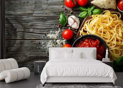 Noodles on a rustic wood table with tomato sauce Wall mural