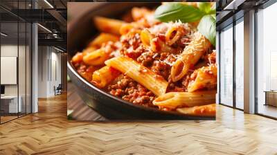 Pasta penne with tomato bolognese sauce parmesan cheese and basil leaves Wall mural