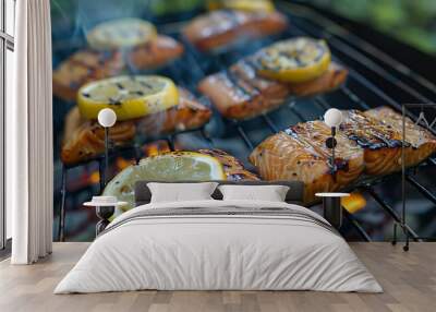 Salmon cooked with lemon and sugar on an authorized barbecue Wall mural