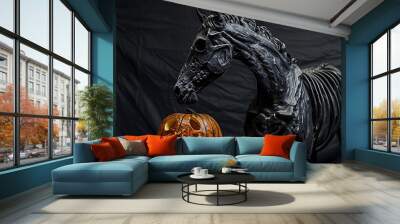 Skeleton horse portrait on black with helloween pumpkin Wall mural