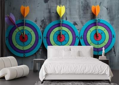 Three colorful green blue and purple colors round targets with multiple arrows in the bullseyes on a grey background Wall mural