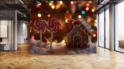 Two small candy loly pops stand in front of a handcrafted candy house behind is a lit christmas tree Wall mural