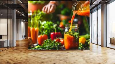 Veggie lifestyle nutritionista pouring nutritious vegetable juice into a glass while holding a jar Wall mural