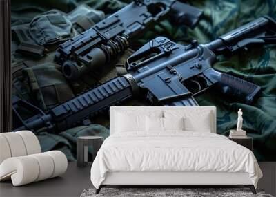 Weapons and military equipment for army assault rifle gun M4A1 and pistol on green military uniform background Wall mural