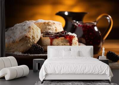 a delicious freshly made from the oven scone, crispy and smothered with strawberry jam Wall mural