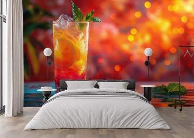 Refreshing Drink With Orange Slice, Cocktail Lemonade with lemon and mint in a highball glass Wall mural