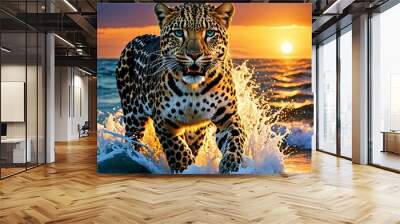 close up portrait of a leopard, leopard in rain forest, native to Sri Lanka , leopard looking at camera portrait  Wall mural