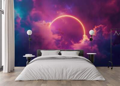 3d render, colorful neon ring glowing inside the stormy cloud on the dark sky, abstract background  Wall mural