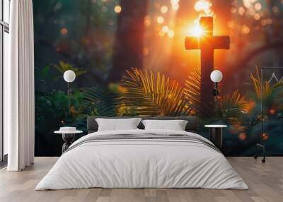 Cross and palm background. Palm sunday background Genrative AI Wall mural