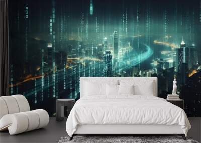 Digital binary code data streaming on a dark Wall mural