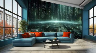 Digital binary code data streaming on a dark Wall mural