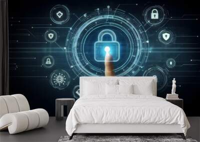 Digital cybersecurity interface with hand pointing at lock icon on dark background. Wall mural