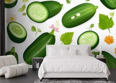 Fresh green cucumber with leaf and flower natural vegetables organic food isolated on white background. Wall mural