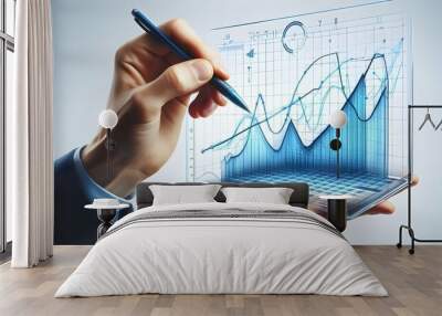 Hand drawing a blue graph curve on a transparent grid, concept of analysis, isolated on white background Wall mural