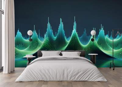 Sound wave pattern element with green and blue digital curves. Wall mural