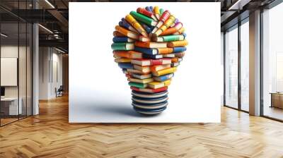 Stack of colorful books forming a light bulb shape on white background. 3D Rendering Wall mural