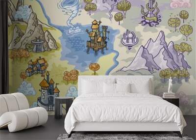 Fantasy Advernture map elements with colorful doodle hand draw in vector illustration - map3 Wall mural