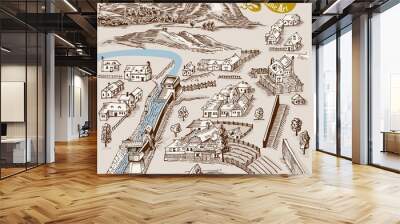 Medieval map elements engraving and woodcut style vector cartography illustration Wall mural