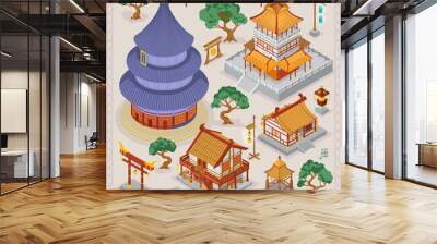 Traditional Chinese map builder illustrations of architecture building elements in isometric isolated vector illustration Wall mural