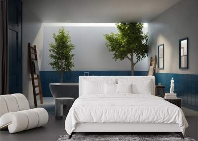 A round white tub, two tiny windows, a ladder in a corner, and a tree in a pot are all shown in this interior of a white and blue bathroom. side view. Three-dimensional model for rendering Wall mural