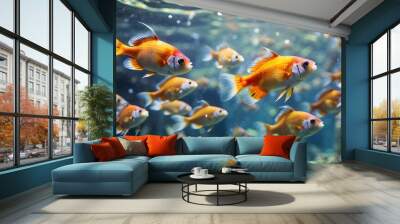 fish swimming in aquarium, There are lots of shimmering air bubbles all around as a school of vibrant fish swims calmly next to one another in the crystal clear waters Wall mural